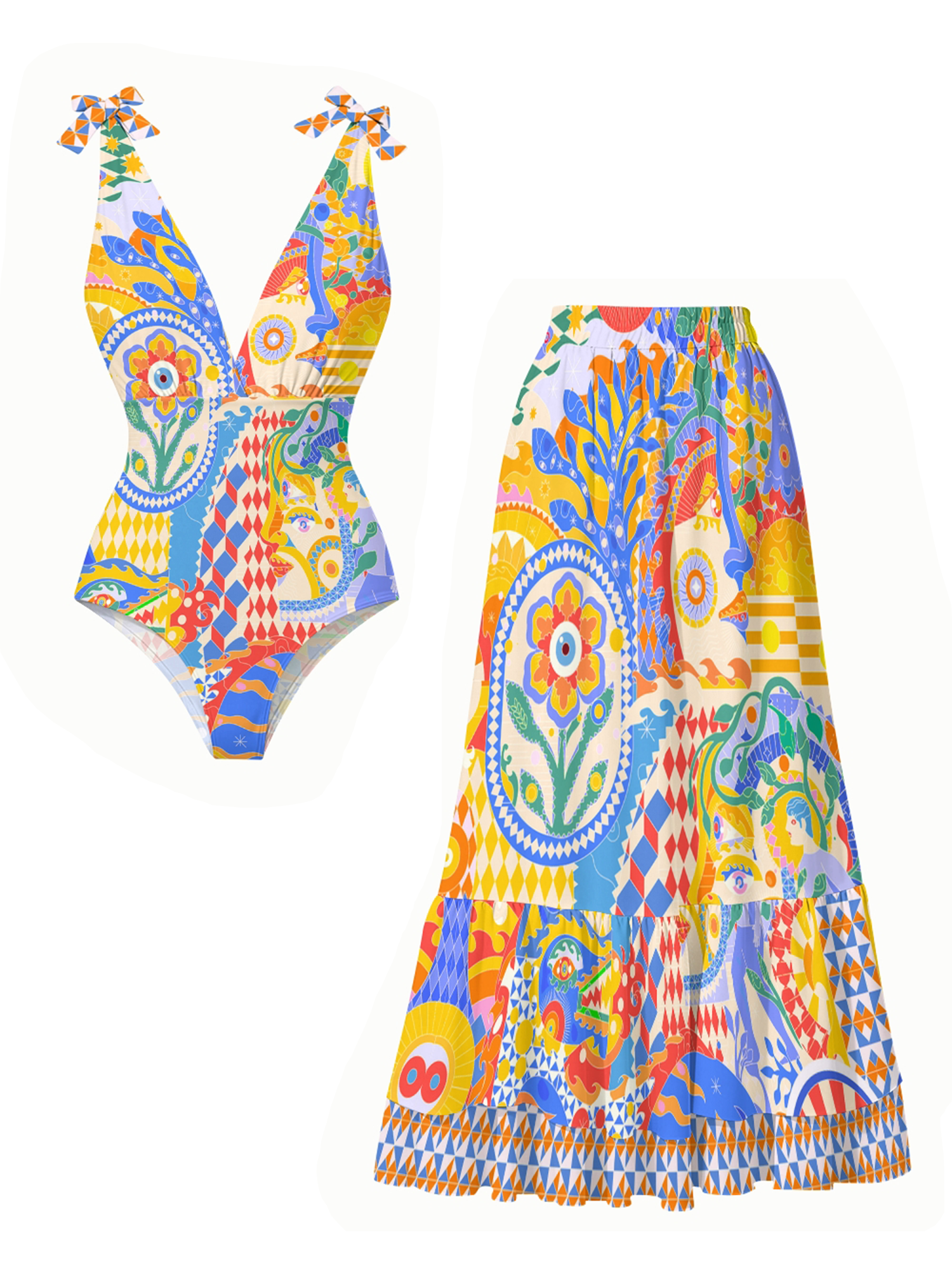 Women's Colorful Patchwork Swimsuit Set