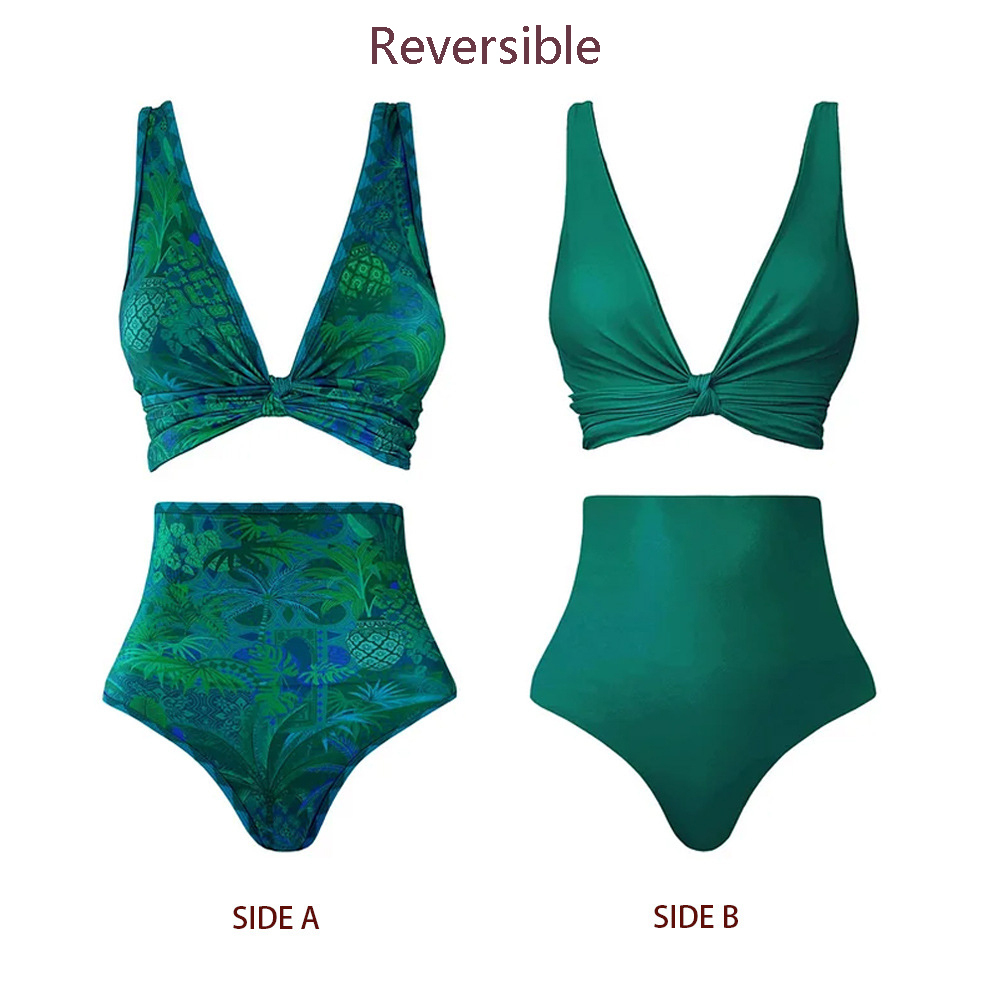 Women's New Green 2-in-1 Reversible High-Waisted Two-Piece Swimsuit Set