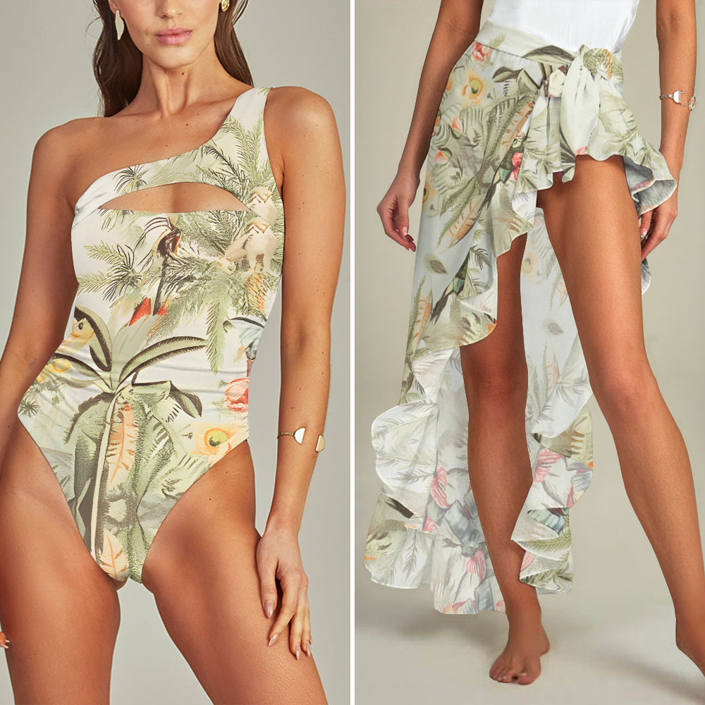 Tropical Floral Cut-Out One-Shoulder 3-Piece Beachwear Swimsuit with Matching Cover-Up and Wrap Skirt