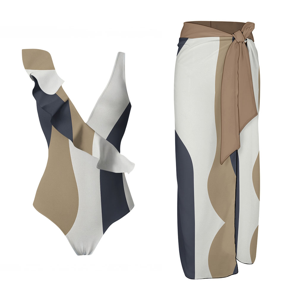 Modern Abstract Geometric One-Piece Swimsuit with Wrap Sarong Skirt