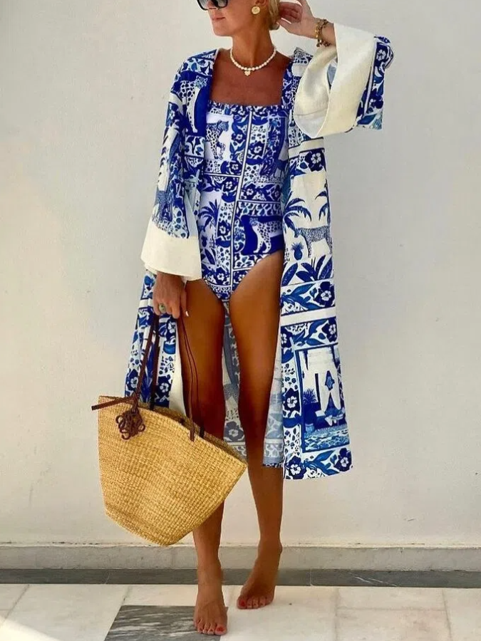 Blue Plam Printed One Piece and Cover-up