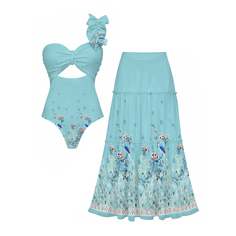 Women's Bird and Floral Print Swimsuit Set