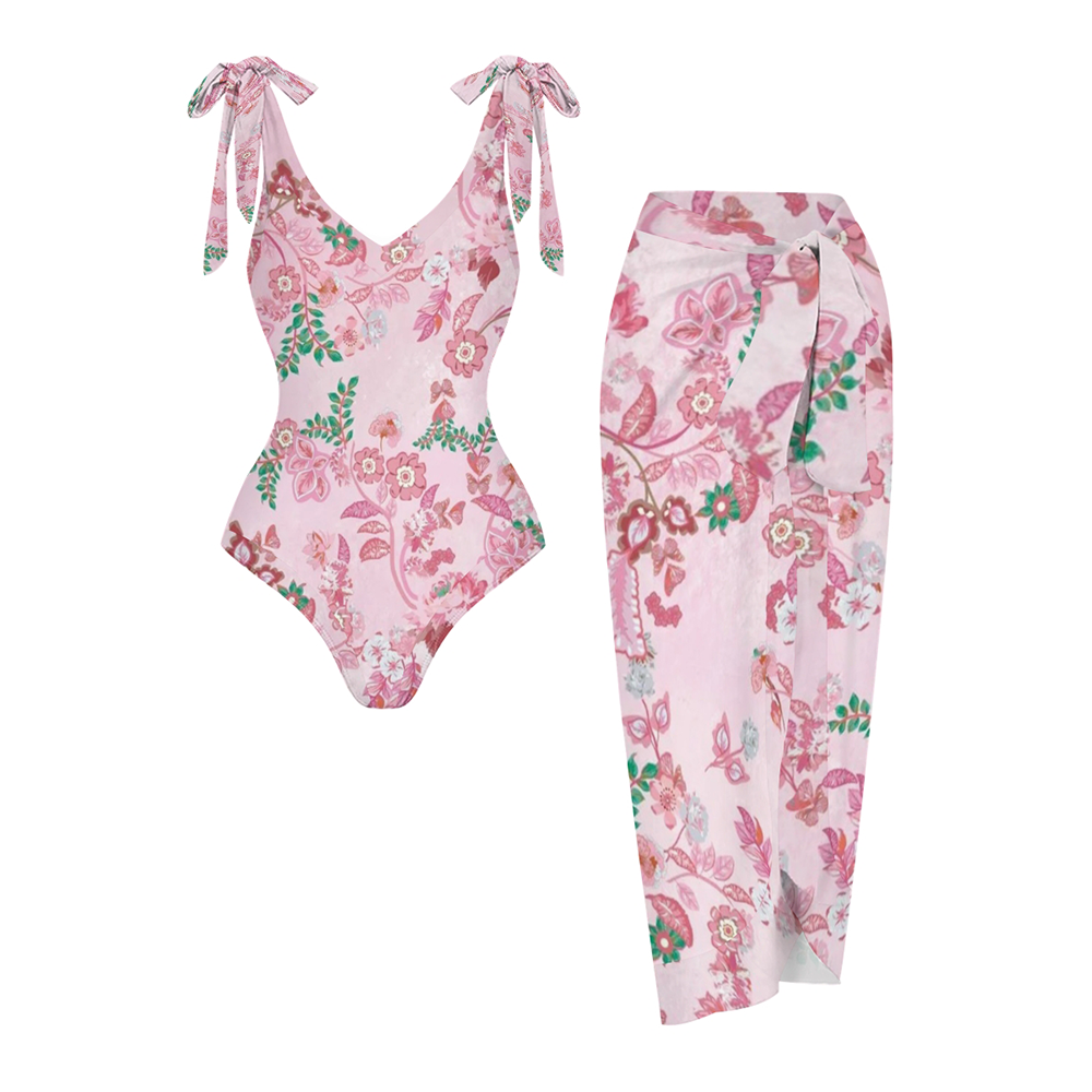 Women's Pink Floral Butterfly Print One Piece Swimsuits and Cover Ups