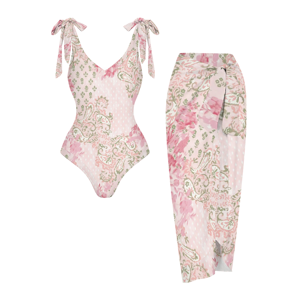 Women's Pink Green Paisley Print One Piece Swimsuits and Cover Ups