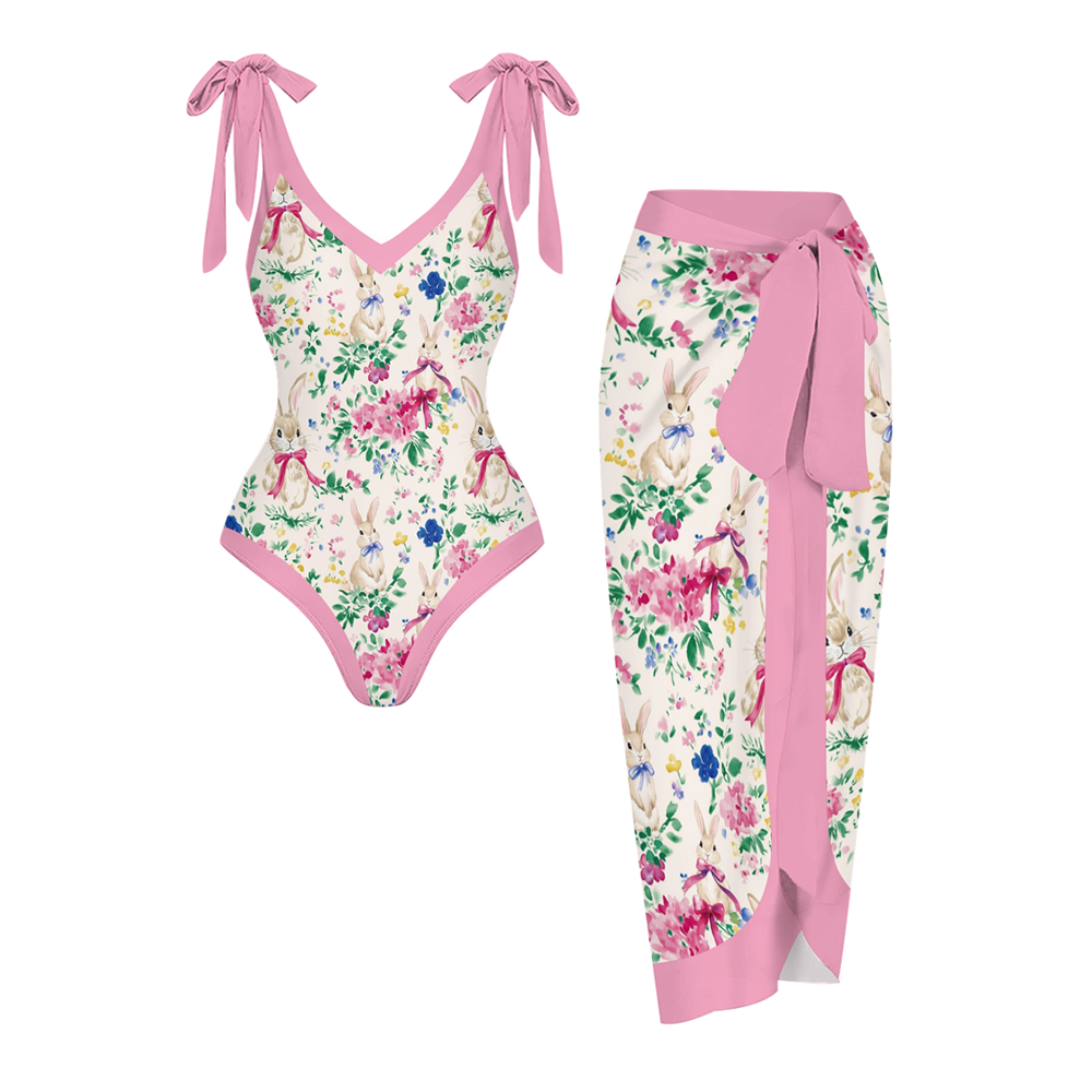 Women's Easter Bunny Garden Print One Piece Swimsuits and Cover Ups