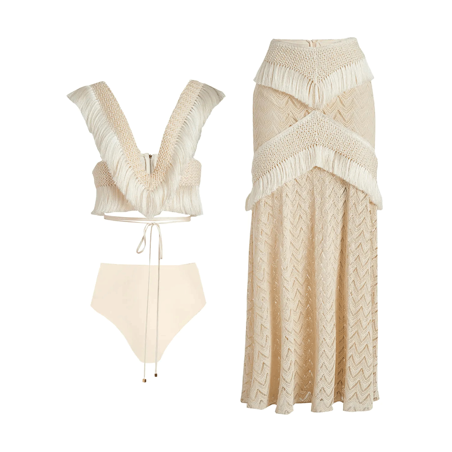 Boho Swim Cover-Up Set Fringe Knit Top High Waist Bottom Layered Skirt