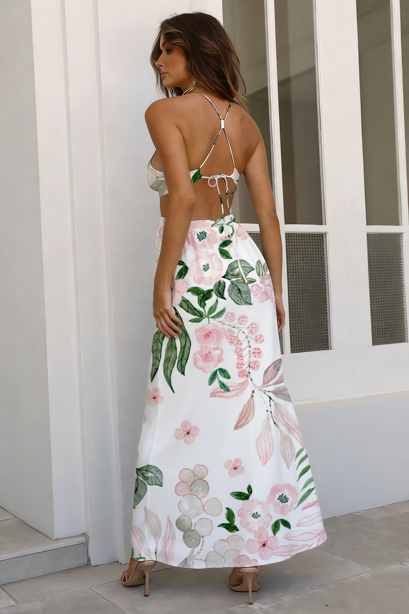 Pink Watercolor Floral Print Halter Maxi Dress