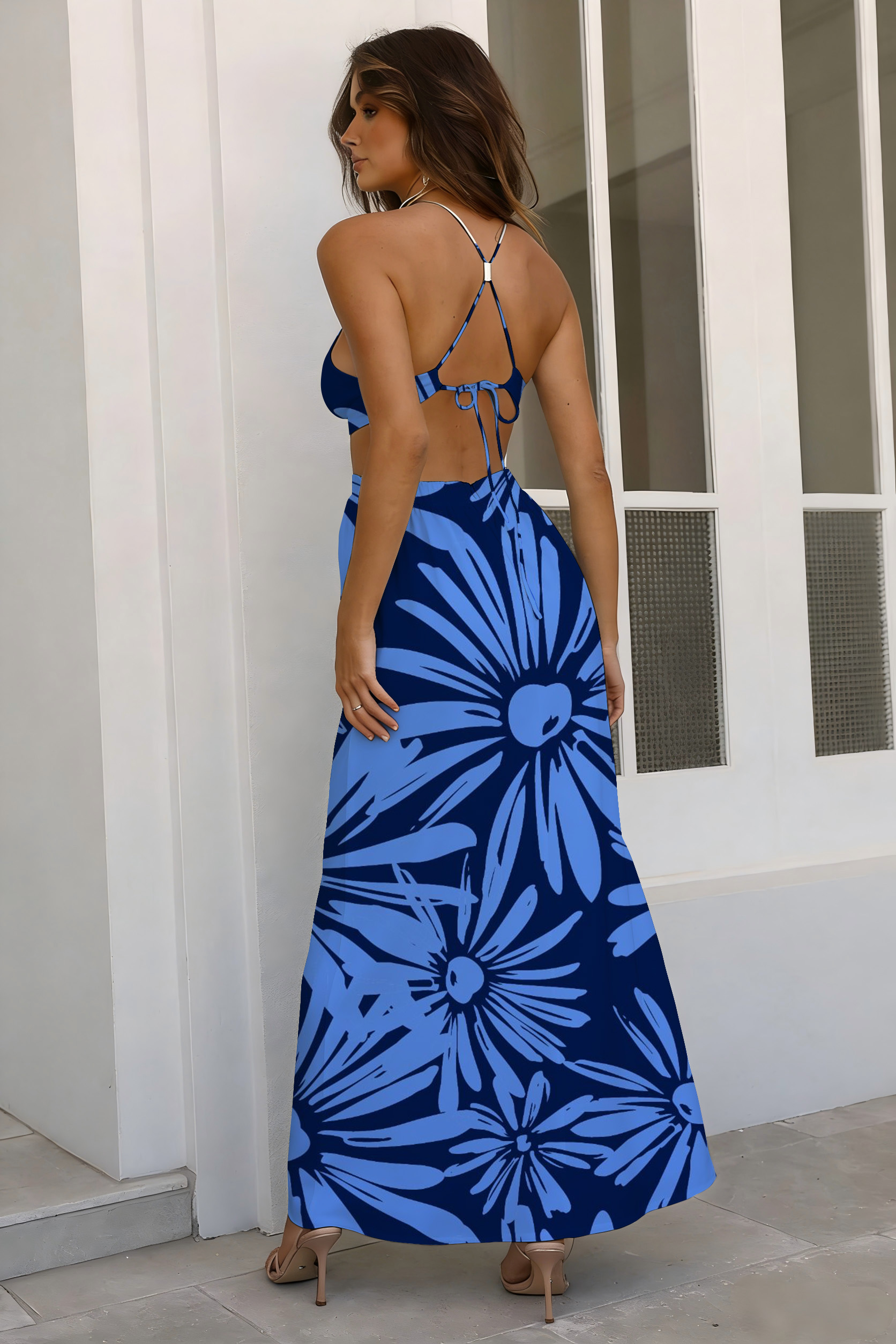 Blue & White Daisy Floral Print Halter Maxi Dress