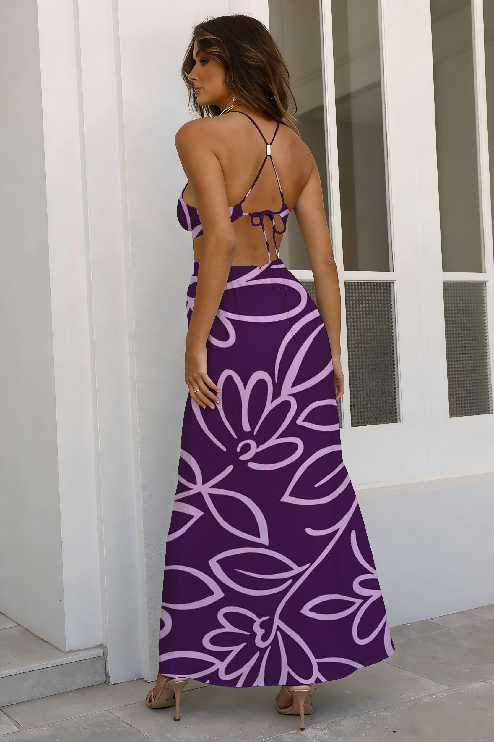 Purple Line Art Floral Print Halter Maxi Dress