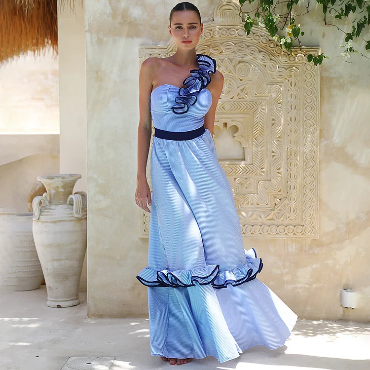 Women's Blue Stripe One-Shoulder One-Piece Swimsuit with Skirt