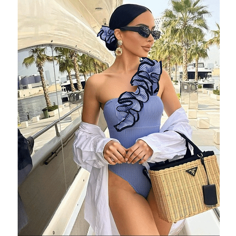 Women's Blue Stripe One-Shoulder One-Piece Swimsuit with Skirt