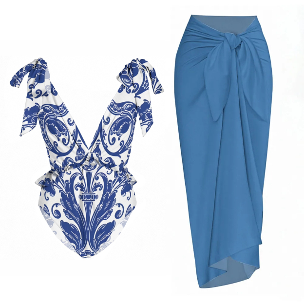 Women's Baroque V-Neck One-Piece Swimsuit with Sarong Skirt