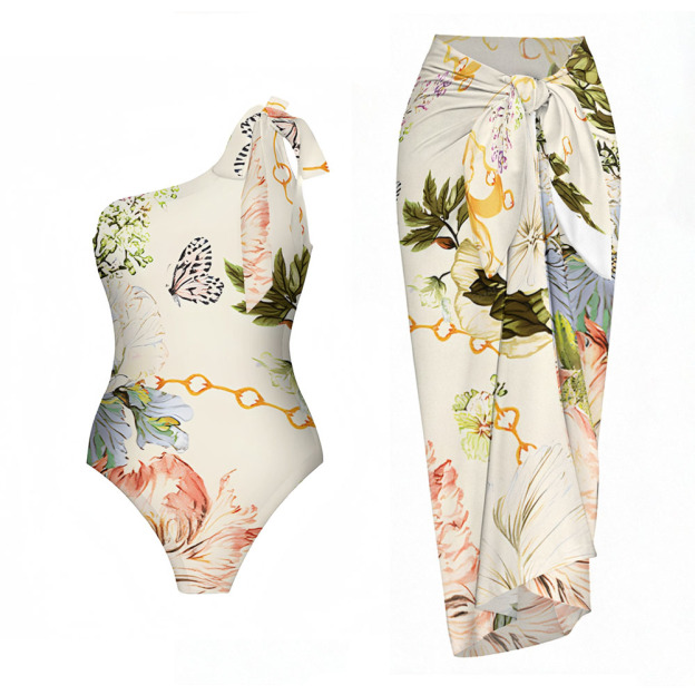 Floral Butterfly One-Shoulder One-Piece Swimsuit with Matching Sarong Skirt