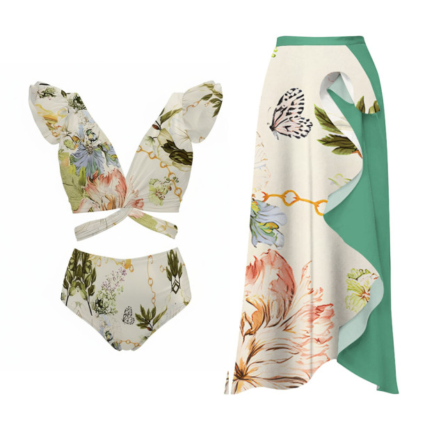 Floral Butterfly Print Deep V Ruffle with Twisted Front Bikini and Sarong Skirt