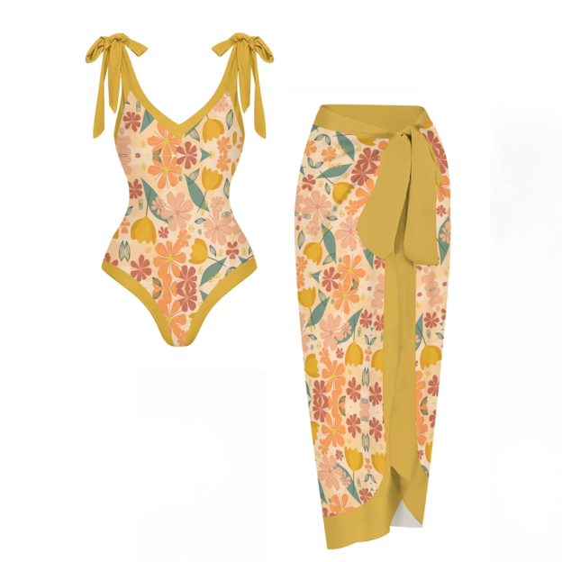 Yellow Waistband Floral Swimsuit Set
