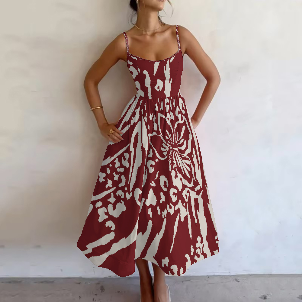 Women's Red Floral Abstract Printed Slip Dress