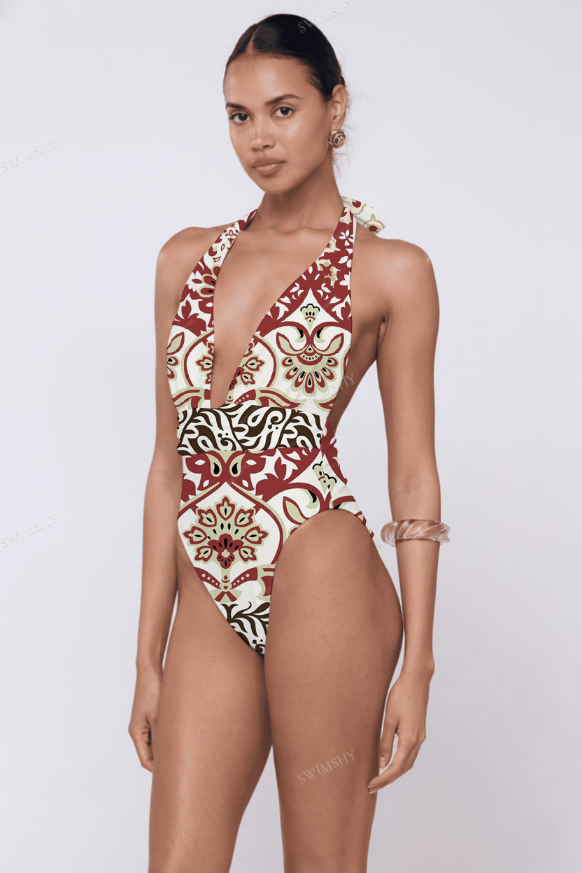 Red Damask Halter One-Piece
