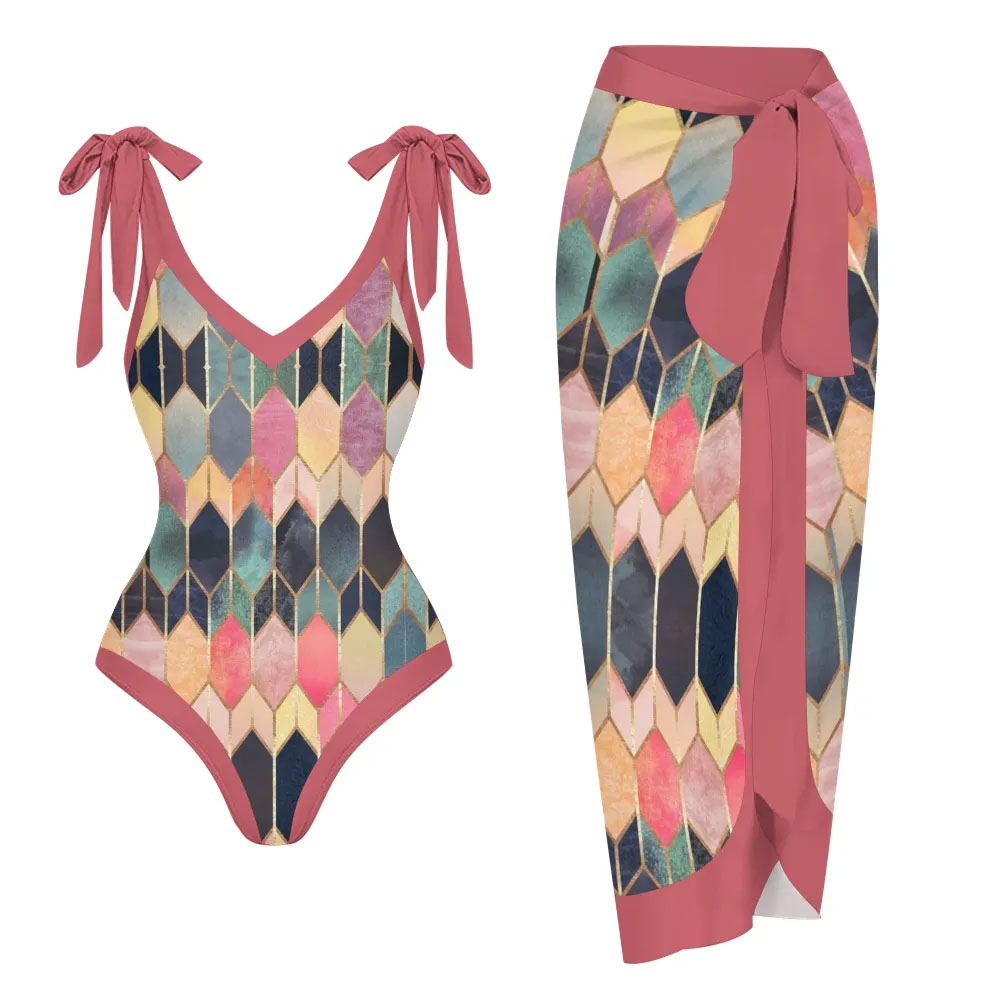 Color Block Vibrant Geometric Print One-Piece Swimsuit and Matching Sarong Skirt