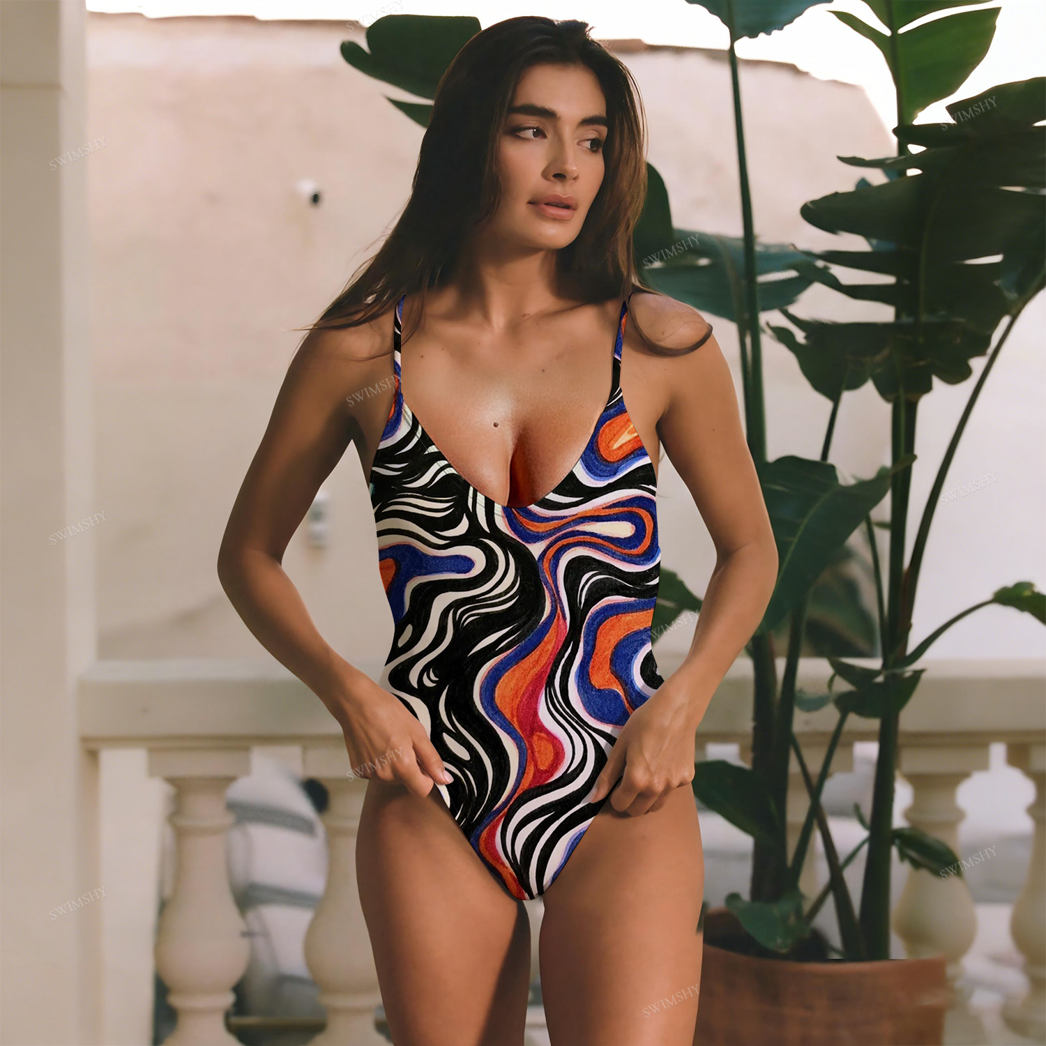 Fluid Swirl Print Plunging V-Neck One-Piece Swimsuit