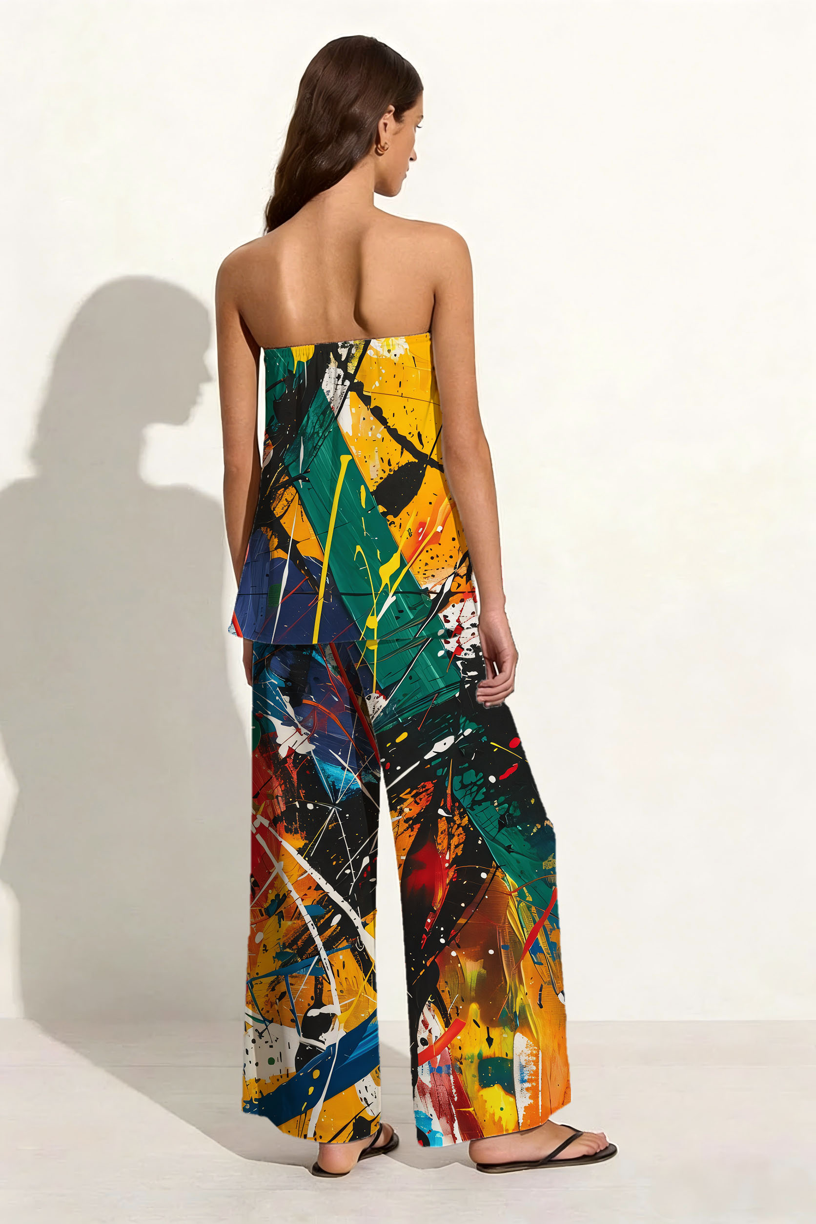 Abstract Graffiti Paint Splash Strapless Wide Leg Set