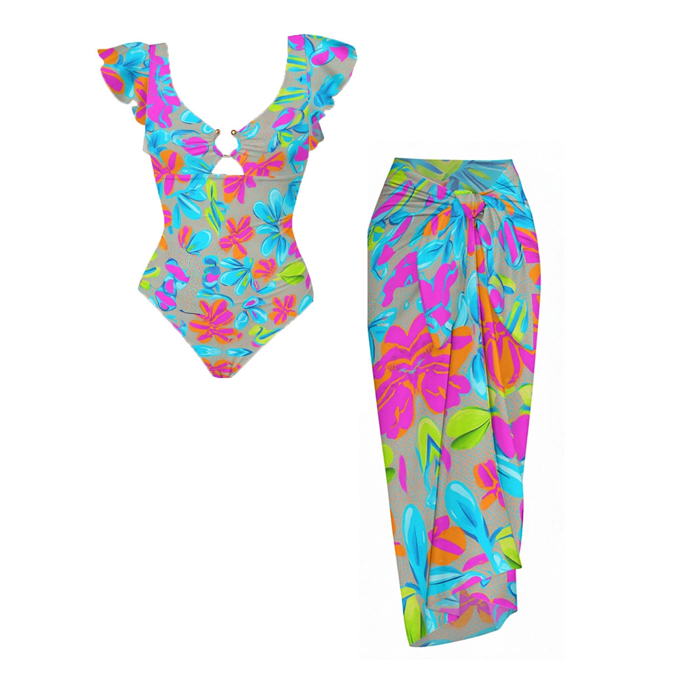 Bold Floral Ruffled One-Piece Swimsuit with Coordinating Sarong Skirt