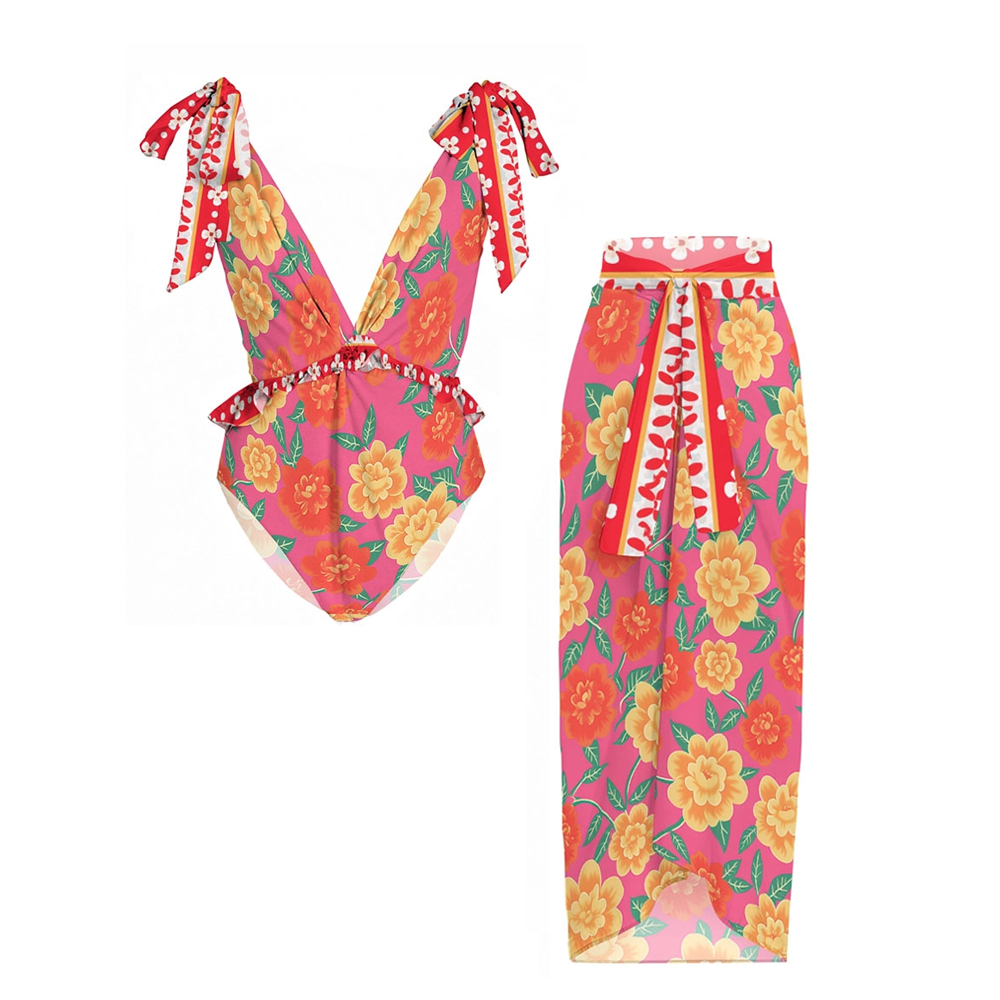 Tropical Floral One-Piece Swimsuit with Matching Sarong Skirt