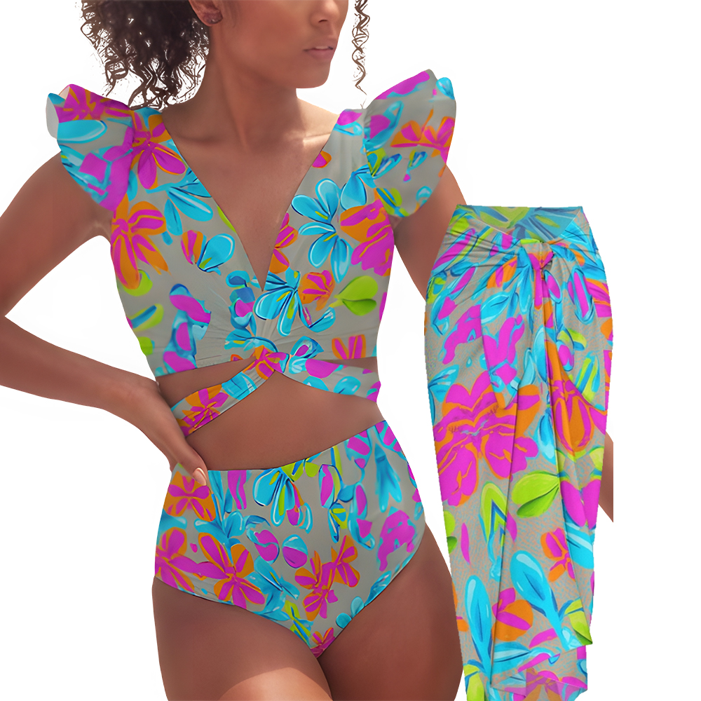 Colorful Floral Deep V Ruffle Bikini Swimsuit with Matching Sarong