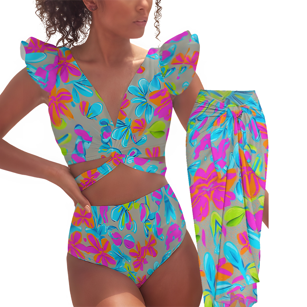 Colorful Floral Ruffle Bikini Set