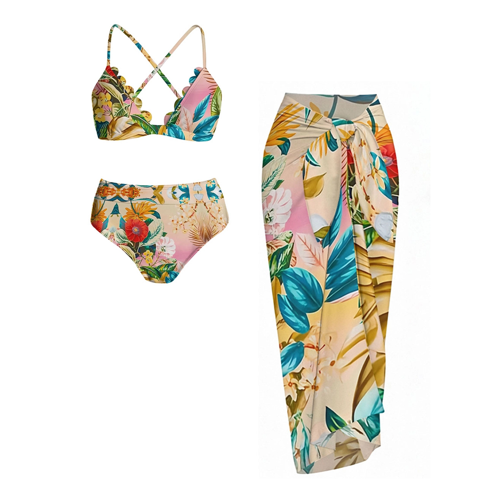 Tropical Floral One-Piece Swimsuit with Matching Sarong Skirt