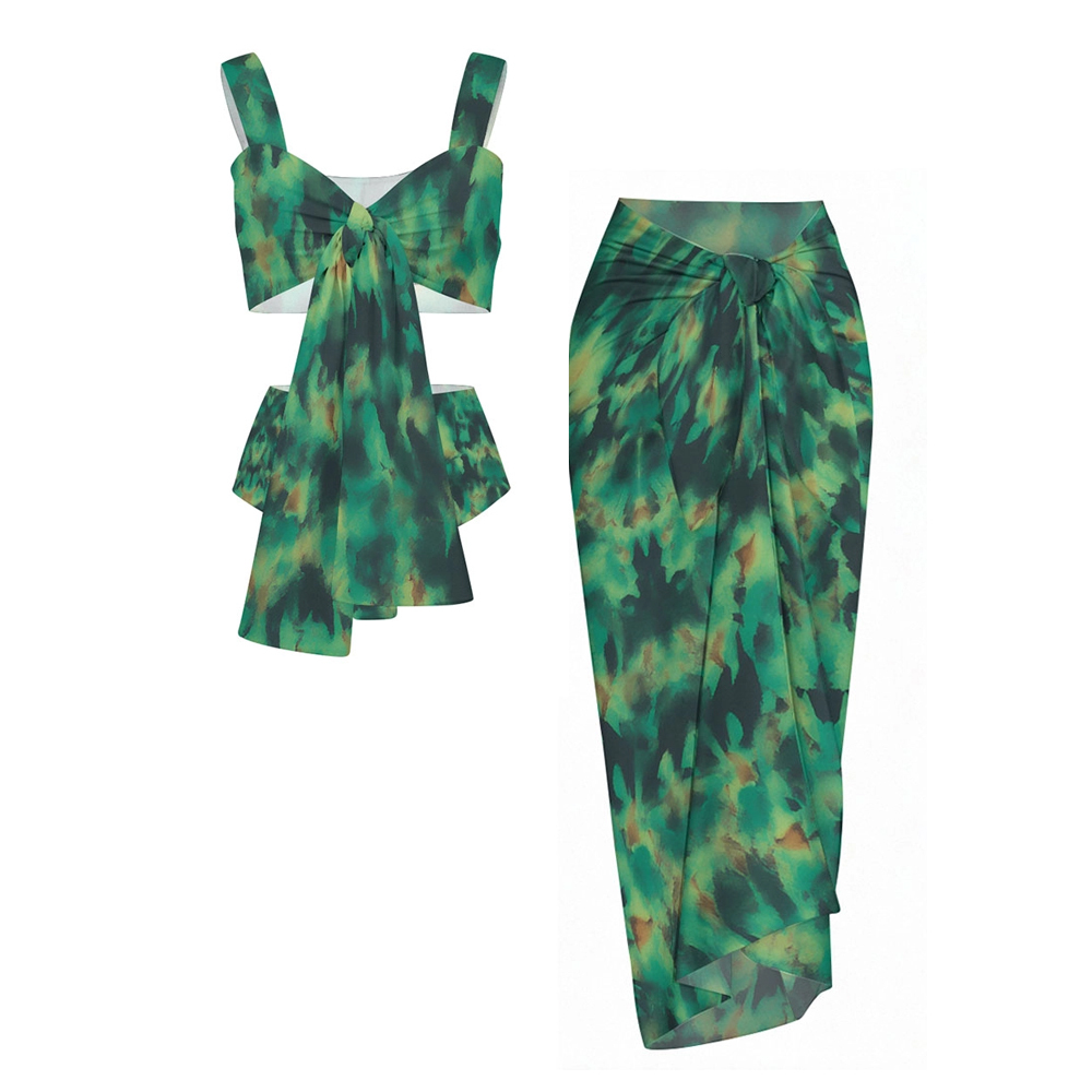 Abstract Camouflage Print Twist-Front Bikini Swimsuit with Matching Sarong Skirt