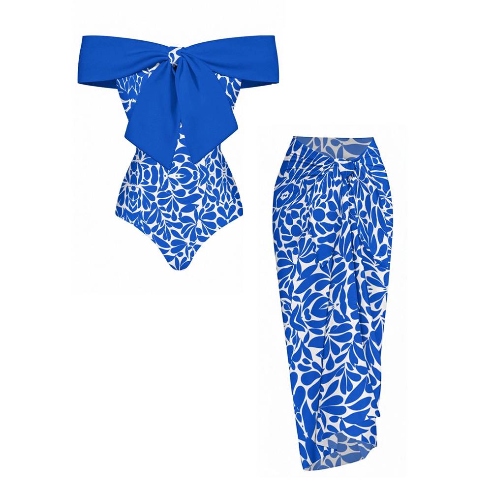 Floral Bow Bow-Tied One-Piece Swimsuit With Matching Sarong