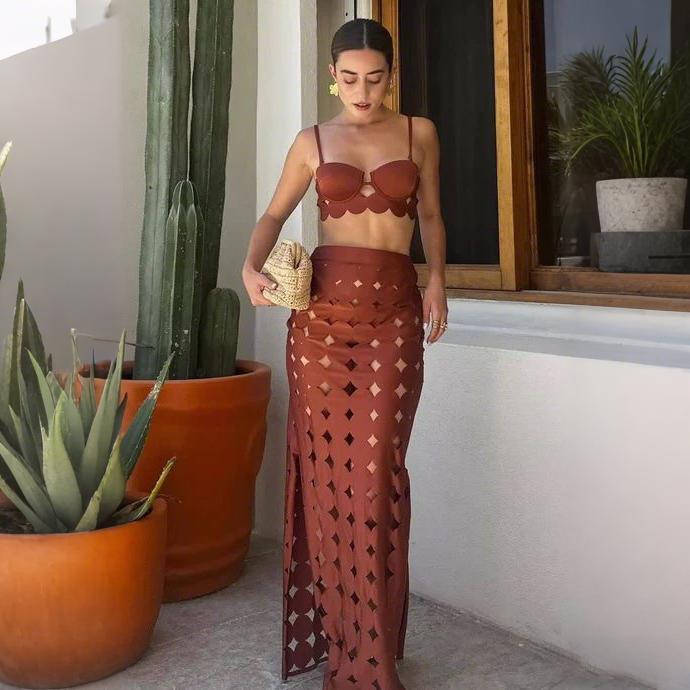 Women's New Solid Color Sexy Cut-Out Bikini Two-Piece Swimsuit with Skirt - Brown