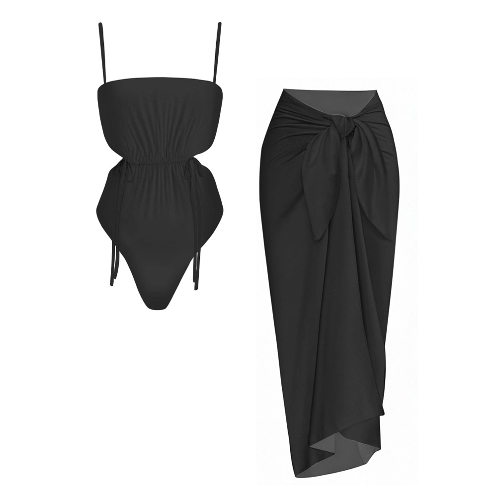 Minimalist Solid color Ruched One-Piece Swimsuit and Tie-Waist Sarong Skirt