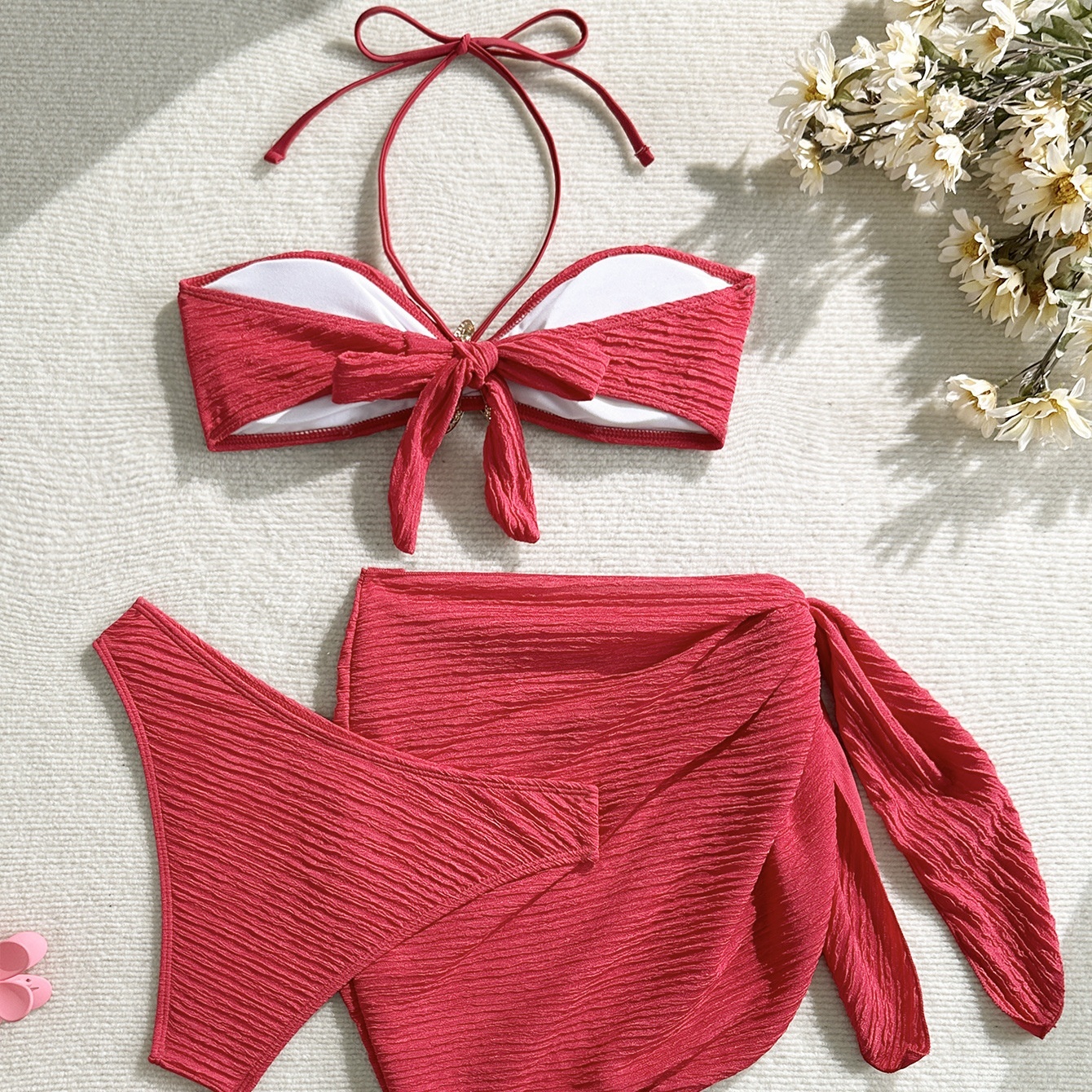 Three-piece Bikini Set with Starfish Accent and Wrap Skirt