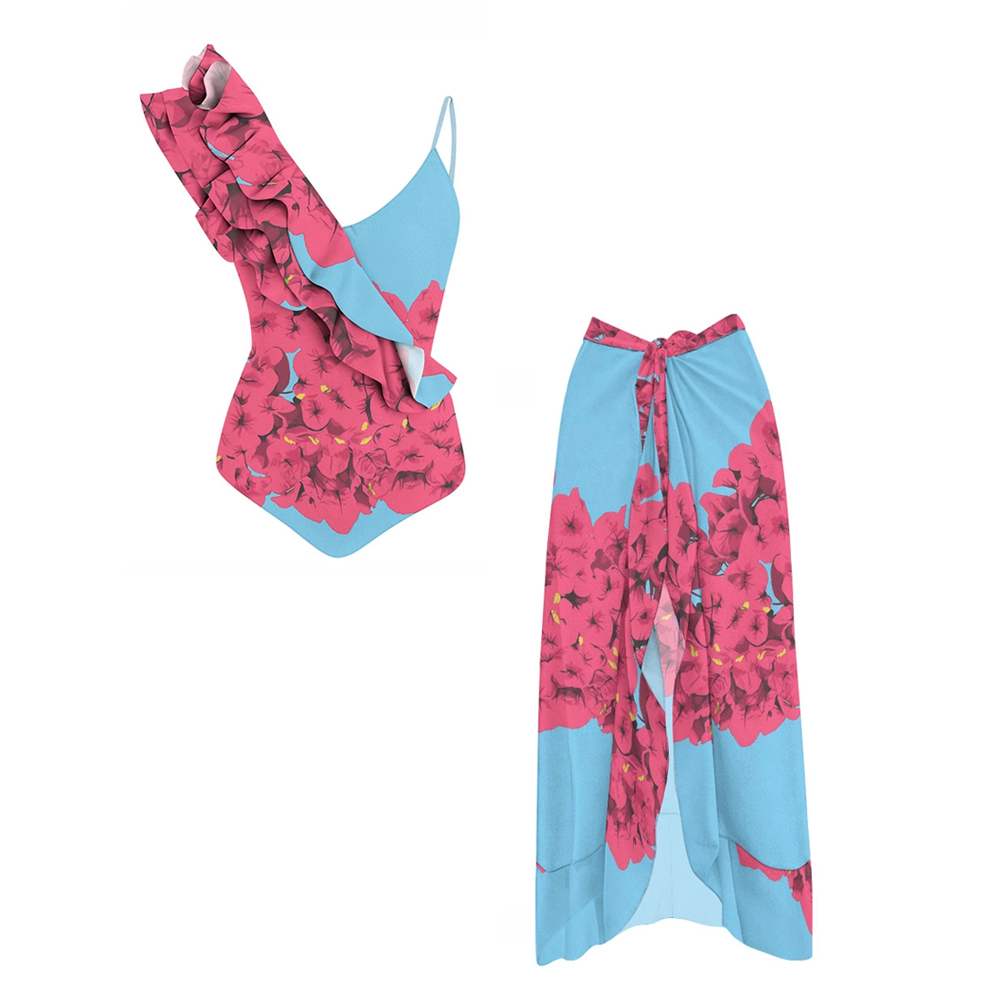 Ruffled Asymmetrical One-Piece Swimsuit with Floral Sarong Skirt