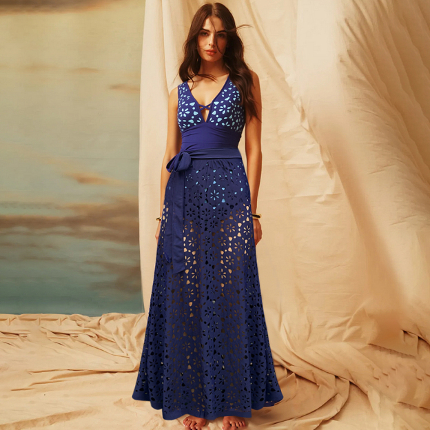 Women's V Neck Bestselling Sexy Solid Color Cut-Out One-Piece Swimsuit Set - Blue