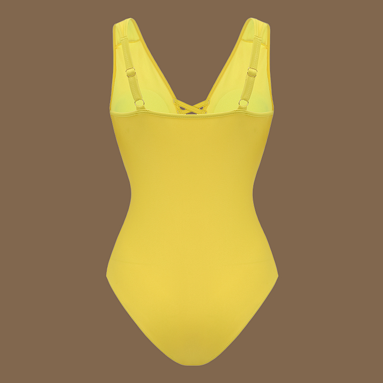 Women's V Neck Bestselling Sexy Solid Color Cut-Out One-Piece Swimsuit Set - Yellow