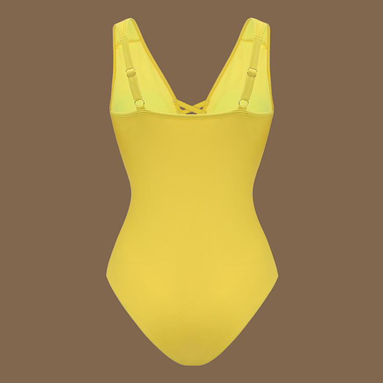 Women's V Neck Bestselling Sexy Solid Color Cut-Out One-Piece Swimsuit Set - Yellow
