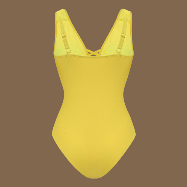 Women's V Neck Bestselling Sexy Solid Color Cut-Out One-Piece Swimsuit Set - Yellow