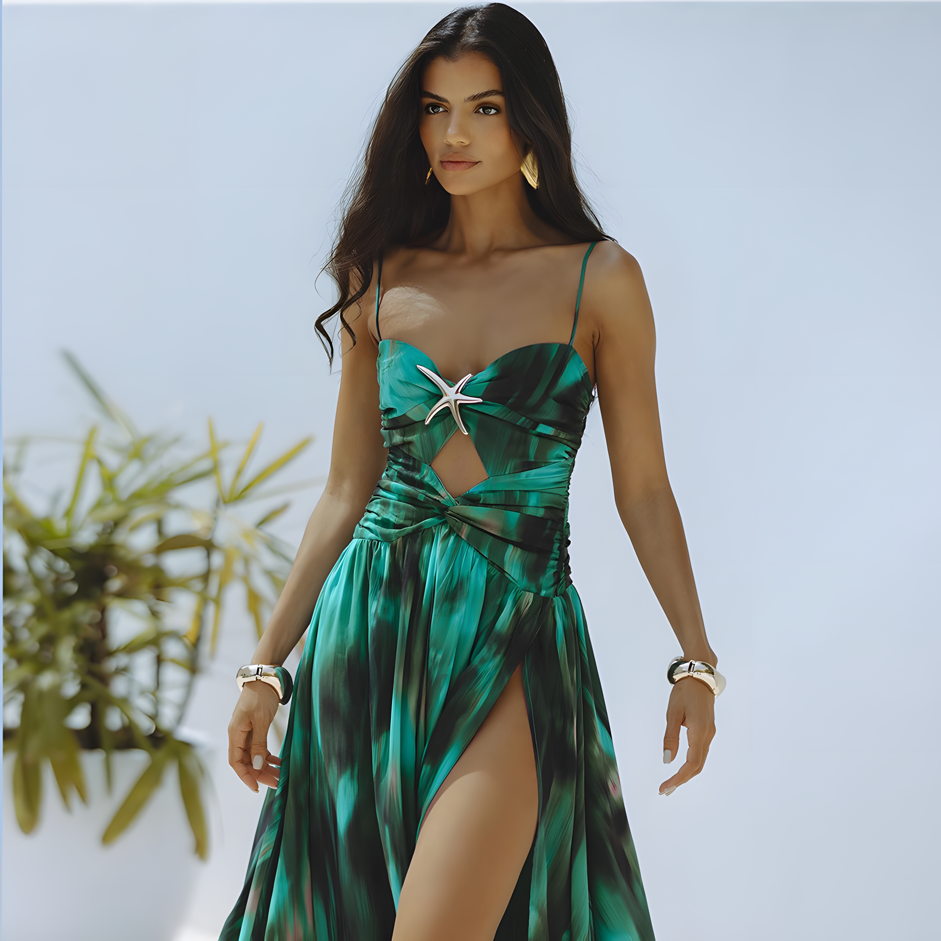Women's New Green Ink-Wash Print Cut-Out One-Piece Swimsuit with High-Slit Umbrella Skirt Resort Set