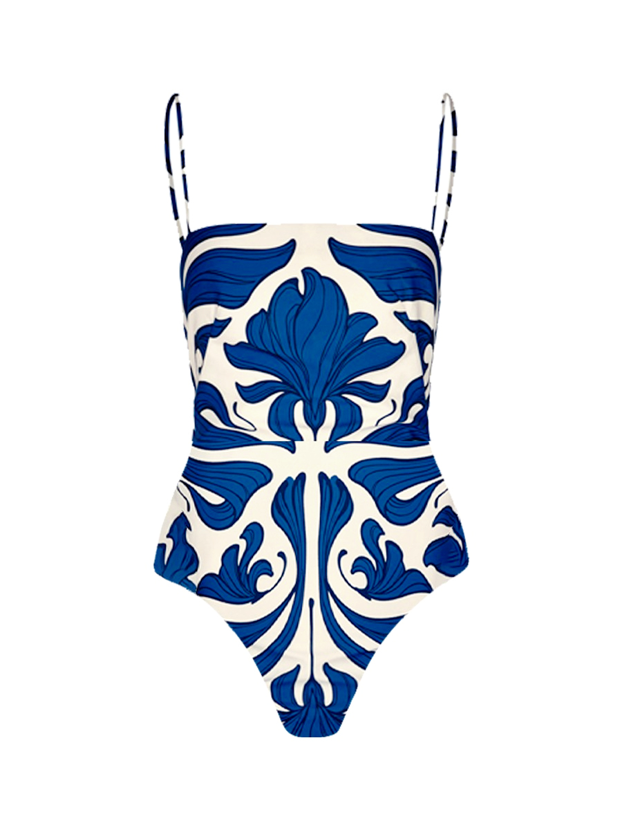 Retro Print One-Piece Swimsuit And Skirt