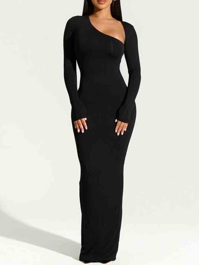 Black Long Sleeves Solid Slim Maxi Dress