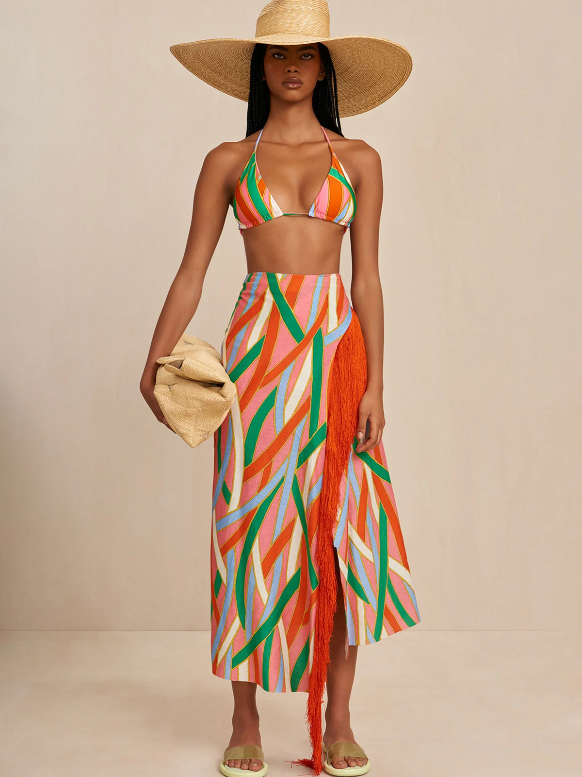 Colorful Geometric Line Print Bikini Set And Cover-up