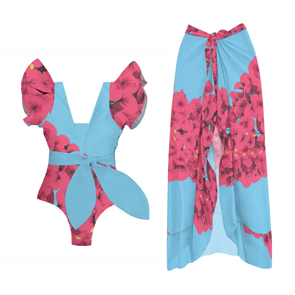 Deep V-Neck Ruffled One-Piece Swimsuit with Matching Floral Sarong Skirt