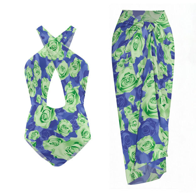 Green Rose Print Teardrop Cutout One-Piece Swimsuit with Matching Sarong Skirt