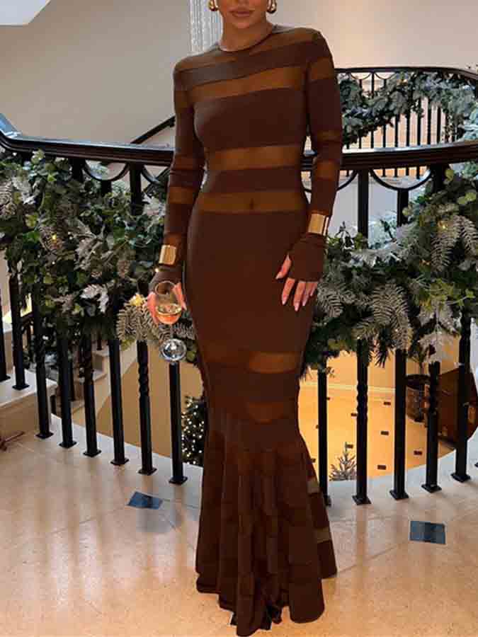 Mesh Paneled Long Sleeves Slim Maxi Evening Dress