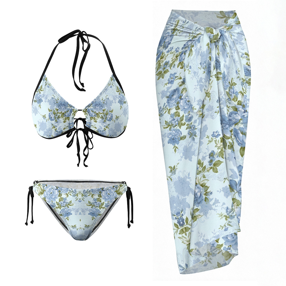 Tropical Floral Halter Tie Bikini Set with Matching Sarong Skirt