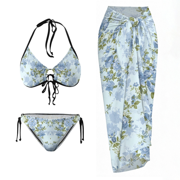 Tropical Floral Halter Tie Bikini Set with Matching Sarong Skirt