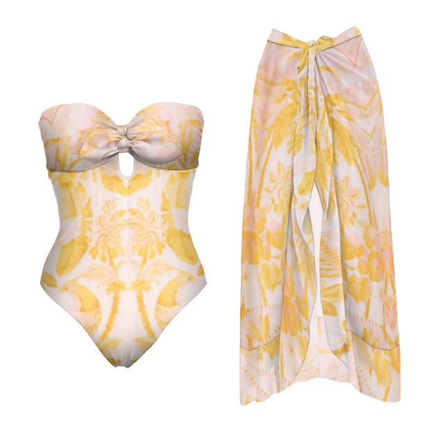 Vintage Floral Strapless Keyhole Detail One-Piece Swimsuit with Matching Sarong Skirt