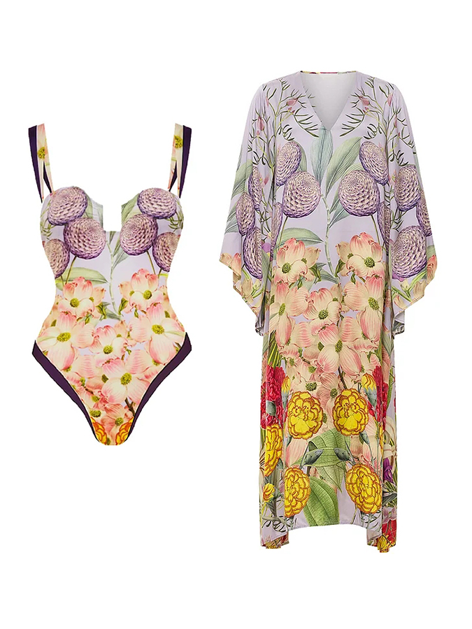 Flowers Printed One Piece Swimsuit And Cover up